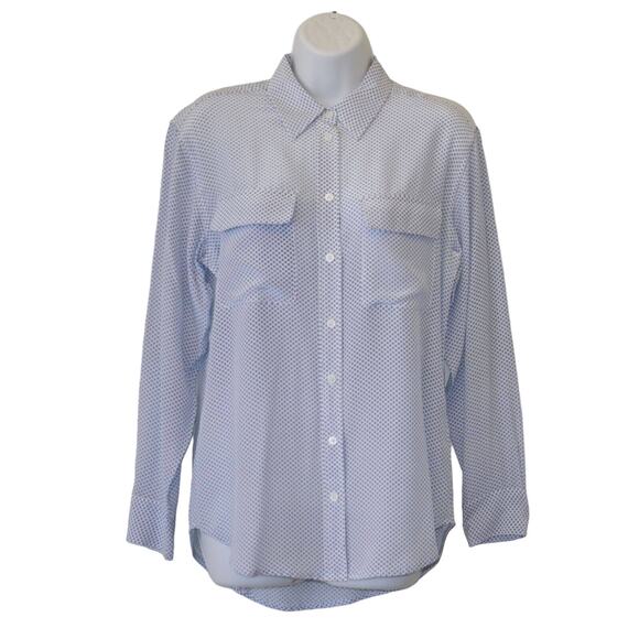 Equipment Tops - A8 Auth EQUIPMENT White W/Blue Ring Printed Silk Button Up LS Dress Shirt Sz XS